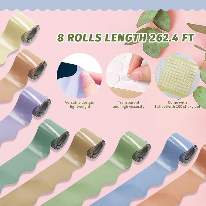 8 Rolls 262.4 Ft Bulletin Board Borders - Pastel Scalloped Borders Bulletin for Classroom, School & Office Decor - Pastel Classroom Borders for Bulletin Board