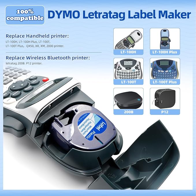 Compatible with Dymo LetraTag Label Maker Refills 91331 Plastic White Tape 12mm x 4m (1/2" x 13'), for Labeler Letra Tag 200B, LT 100T 100H Plus, 5-Pack Label KINGDOM Cartridges
