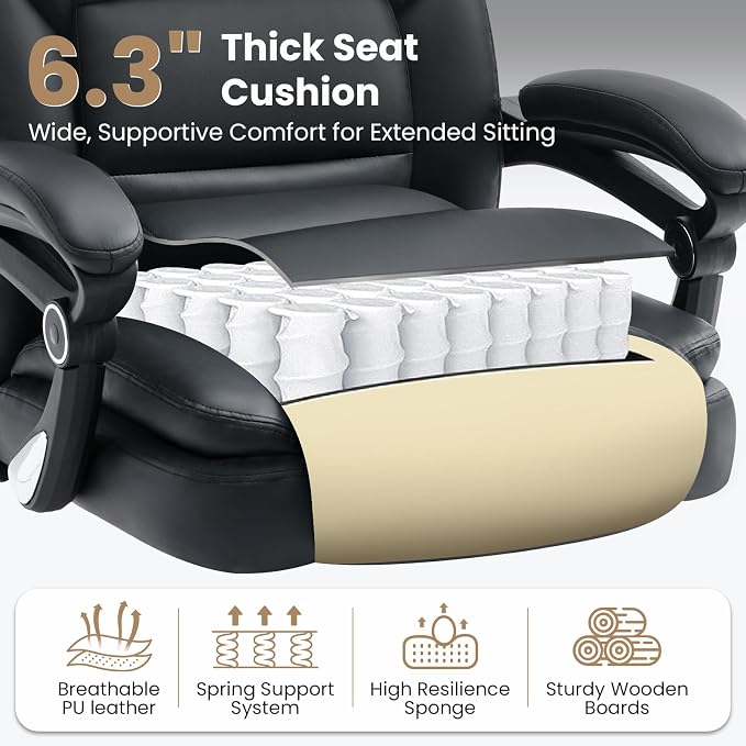 650lbs Big and Tall Office Chair Support for Heavy People,Reclining Executive Office Desk Chair with Foot Rest,Ergonomic High Back PU Leather Computer Chair with Adjustable Lumbar Support,Black