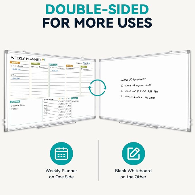 Weekly Dry Erase Calendar Whiteboard with Corkboard, 30" x 20", Silver | Magnetic, White Board Cork Board Combo, Double Sided, Wall Mounted, Aluminum Frame, for Home, Office, Kitchen, Dorm