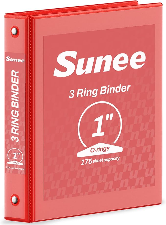 SUNEE 3 Ring Binder 1 Inch 1 Pack, Clear View Three Ring PVC-Free (Fit 8.5x11 Inches) for School or Office Supplies, Red
