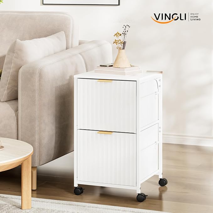 VINGLI 2 Drawer Mobile File Cabinet, Rolling Fluted Filing Cabinet Under Desk File Cabinet with Wheels, Fabric Drawers Printer Stand for Home Office, Fits Letter Size, White