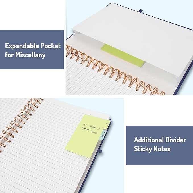 Forvencer A4 Lined Spiral Journal Notebook with 300 Numbered Pages, 11" X 8.5" College Ruled Thick Journals for Writing with 100GSM Paper, Hardcover Notebooks with Contents for Work, School, Navy