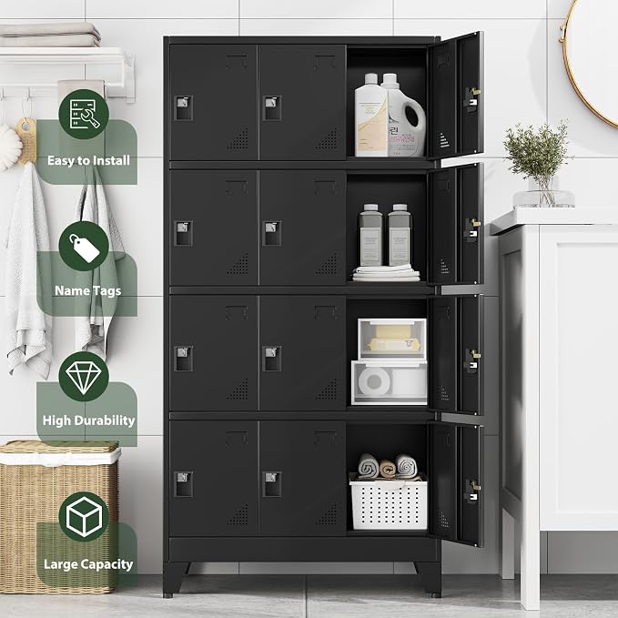 Metal Lockers for Employees-12 Doors Storage Locker with Shelves and Lockable Steel Cabinet for School,Gym,Office,Staff,Assembly Required,Black