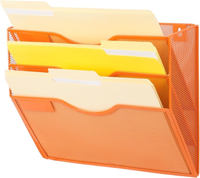 3 Pocket Mesh Hanging Wall File Organizer, Wall Mounted Mail Paper Document Folder Holder, Clipboard Storage Organization Magazine Rack with Nametag Label for Office Home School, Orange