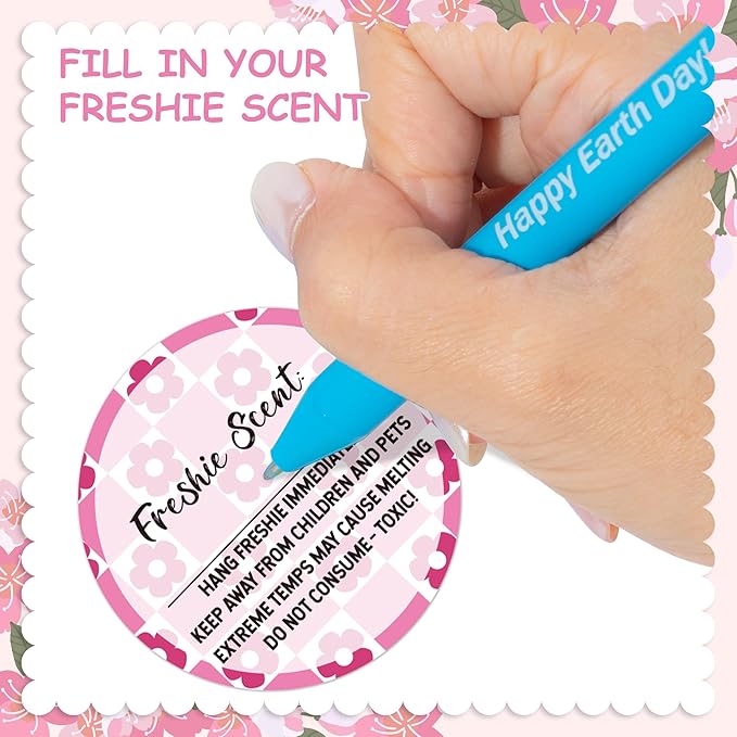 PANTIDE Freshiess Scent Care Instruction Stickers - 500 Count Car Freshie Warning Round Labels, Adhesive Roll Stickers with Line to Write Thermal Printed for Small Business (2 x 2 Inch, Pink Flower)