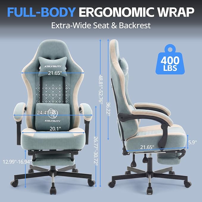 Desk Computer Gaming Chair - Ergonomic Game Office Chair with Extended Footrest and Massage Lumbar Support, Home Gamer Video Game Chairs with Spring Cushion for Adults (Pro Blue Fabric)
