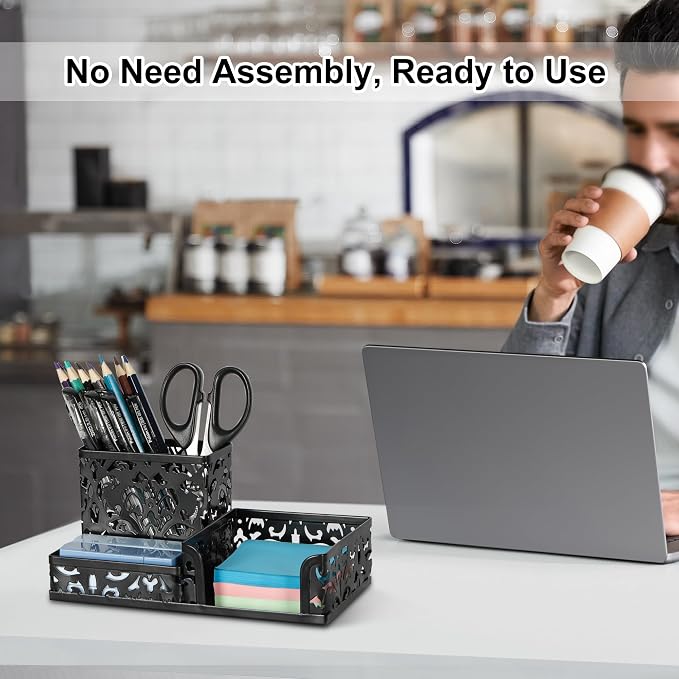 EasyPAG Desk Organizer with 3 Compartment for Pencil Sticky Note Holder and Office Accessories,Black