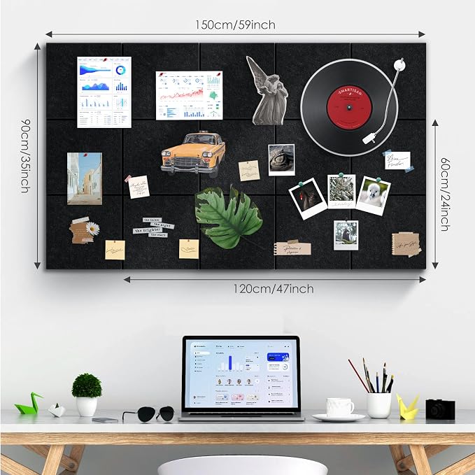 Bulletin Board 47" X 24" Cork Boards for Wall Alternative 8 Pack Black Non-Stripe Felt Bulletin Board 48 Safe Adhesive 35 Push Pins for Office School Home Room Decor