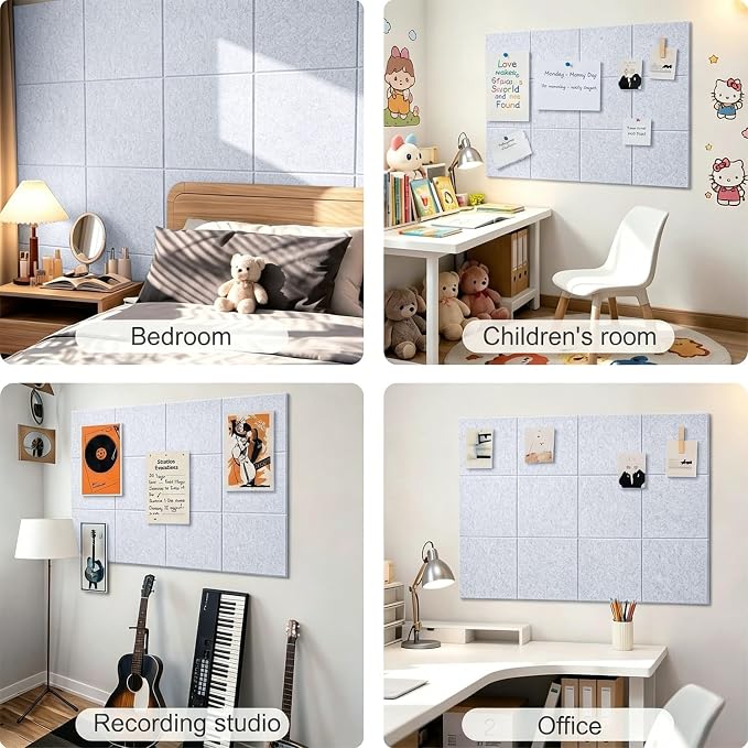 Felt Wall Tiles Bulletin Board Large Cork Board Alternative 12 Pack 11.81”x11.81”x0.47” Felt Pin Board Tack Board with Safe Removable Adhesive Tabs for Home Office School 48x36(Silver Grey)