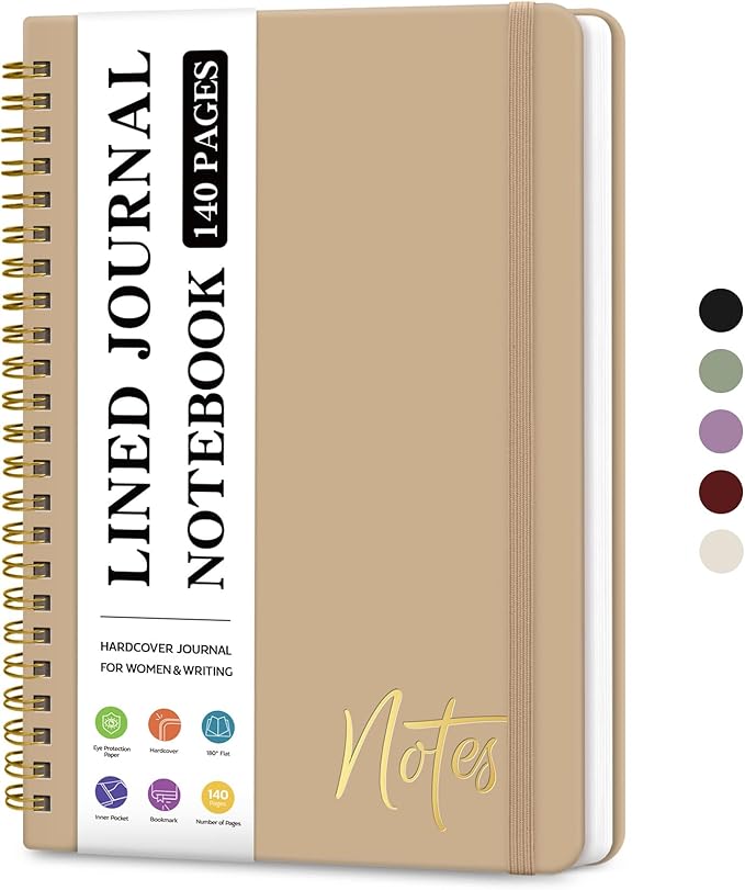 Lined Spiral Journal Notebook for Women, A5 College Ruled Journals for Writing, Hardcover Notebooks for Work, Note taking and Office School Supplies,140 Pages - Oat Brown