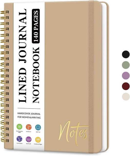 Lined Spiral Journal Notebook for Women, A5 College Ruled Journals for Writing, Hardcover Notebooks for Work, Note taking and Office School Supplies,140 Pages - Oat Brown