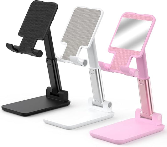 Cell Phone Stand, Adjustable Angle and Height Cell Phone Holder for Desk, Foldable and Portable, Anti-Slip Silicone Pad, Compatible with All Mobile Phones and 4-8 Inch Devices (Black&White&Pink)