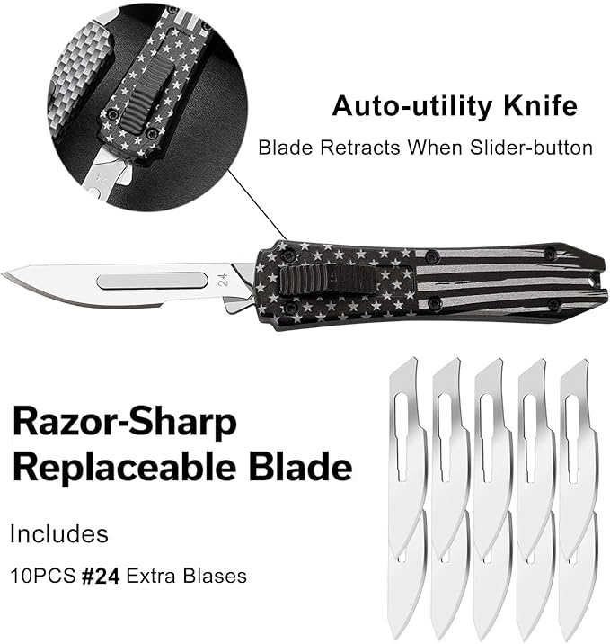 Auto Retractable Utility Knife, Automatic Scalpel Knife with 10PCS #24 Blades, Safety Box Cutter, Razor Blades Utility Knives