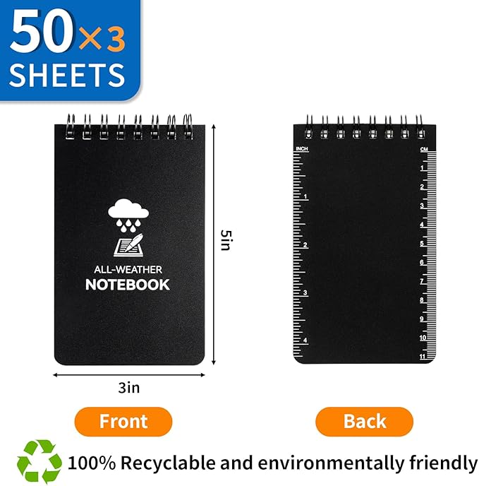 3 Pack Waterproof Notebook, 3 x 5 Pocket Notepad, All Weather Small Pocket Notebook Paper, Mini Spiral Notepad Police Notepad 100 Lined Pages for Outdoor Office