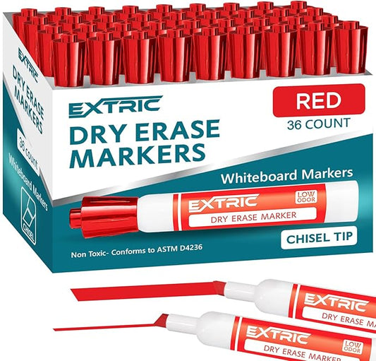 EXTRIC Red Dry Erase Markers Chisel Tip, 36 Count Whiteboard Markers, Chisel Tip Dry Erase Marker Bulk Classroom Pack White Board Marker for Teachers and Students