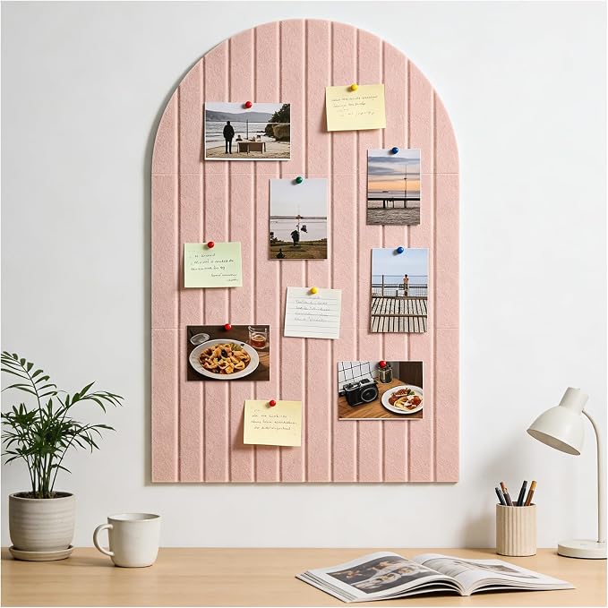 Arched Felt Bulletin Board (Pink), 35"x24" Large Wall Decor | 6 Pcs Self-Adhesive Tiles with Push Pins, Felt Cork Board Alternative for Home Office Classroom
