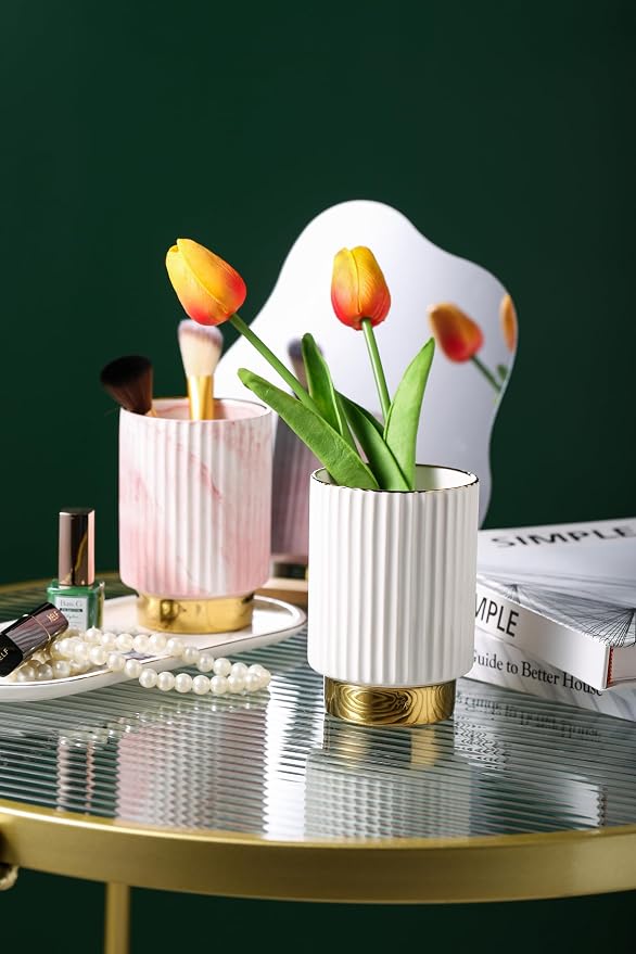 Makeup Brush holder Organizer,Glass Cosmetic Makeup Brush Cup Ceramics Brushes Storage Holder,White and Gold Modern Make Up Brush Cup Pen Pencil Holder Striped Vase