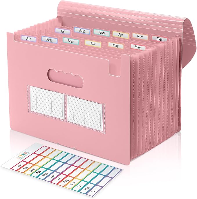 SKYDUE Accordion File Organizer, Expanding File Folder with 13 Pockets, Portable Document Paper Bill Receipt Organizer, Home School Pink Office Supplies, Letter A4 Size