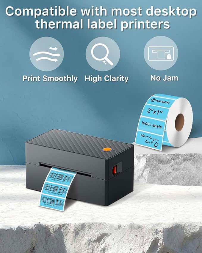 iEager 2x1 Inch Thermal Labels, Blue Rectangle Thermal Printer Stickers, Durable Shipping Label Printer Sticker for Barcode, Name, Address, 1000 Labels/Roll