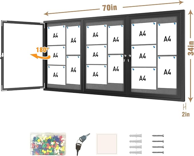 Mifuro 70"x34" Enclosed Bulletin Board, Outdoor Lockable Weather-Resistant Aluminum Cork Noticeboard for School & Office, Black Frame w/Grey Flet