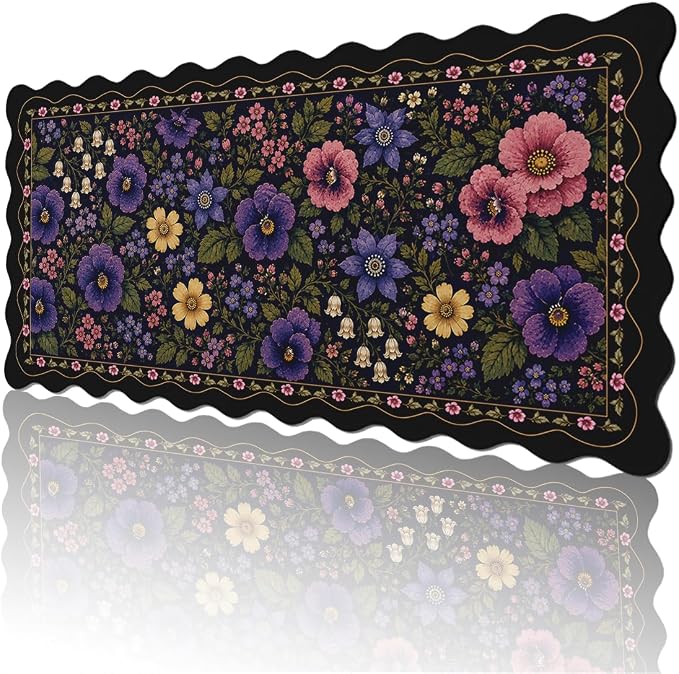 Dark Floral Scalloped Mouse Pad Black Blue Blush Garden Flowers Large Gaming with Stitched Edges,Non-Slip Waterproof Rubber Base Mous Mat Office Computer Keyboard Laptop Home 31.5"x15.7"