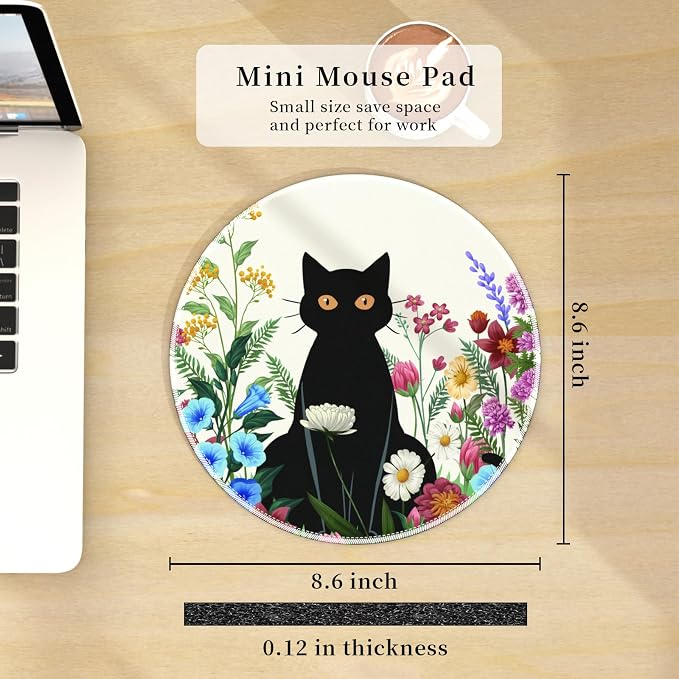 Hancynir Black Cat Floral Round Mouse Pad, Small Mousepad for Office Desk | Mouse Mat for Computer, Non-Slip Rubber Base, Office Desk Decor, Gifts for Work Coworker Teacher, 8.6 Inch, Stitched Edges