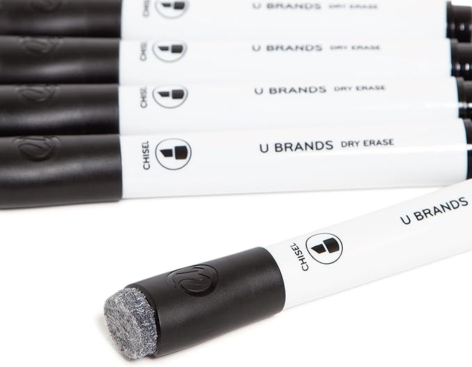 U Brands Fine Tip Dry Erase Markers with Eraser, Whiteboard Markers with Chisel tip, Low Odor, Black, Set of 5
