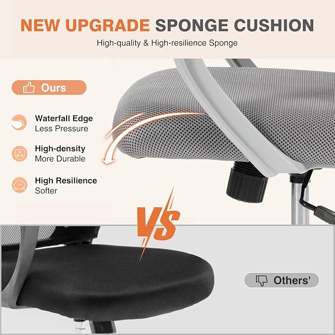 Sweetcrispy Computer Desk Chair, Mesh Office Chair, Lumbar Support, Grey | Ergonomic Mid-Back, Adjustable Height, 360° Swivel Wheels, Comfy Arms, Bedroom Study, Managerial Executive