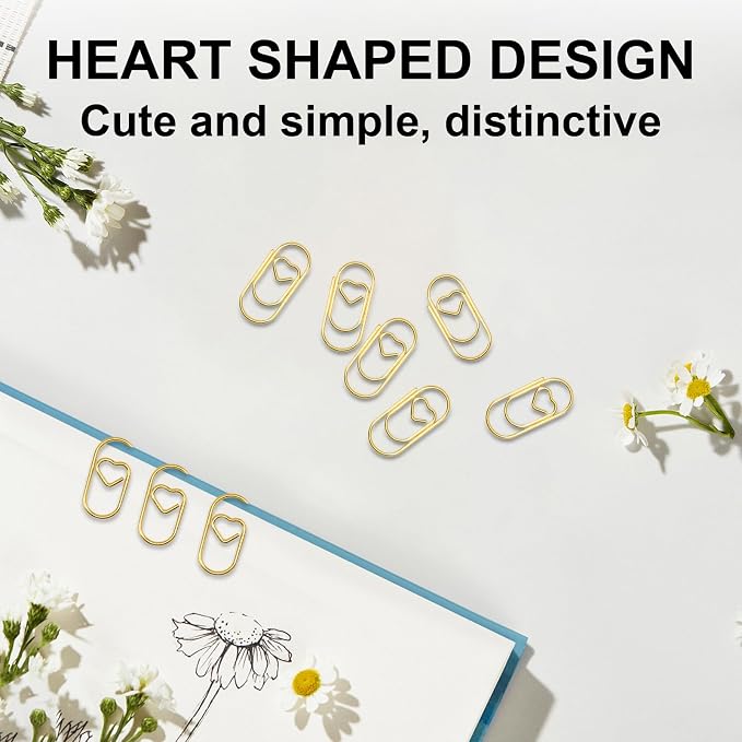 Small Gold Paper Clips 200 Pcs Stainless Steel Cute Paperclips | Love Heart Shaped Paperclips for Paperwork Office School Desk Organizers Wedding Invitations DIY Crafts Scrapbooking (Gold)
