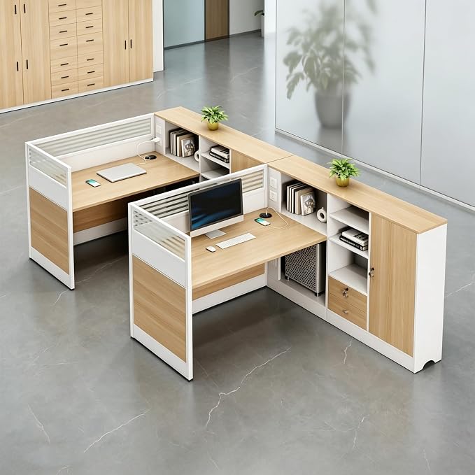 Modern Office Workstation Desk with Side Storage Cabinet, Tempered Glass Privacy Panels, USB Charging Hub & Cable Management, Modular Cubicle Desk for Office Work (D - Right, 2P-A)