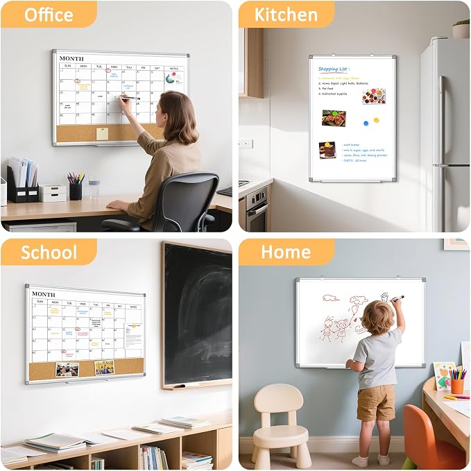 Monthly Dry Erase Calendar Whiteboard with Corkboard, 30" x 20", Silver | Magnetic, White Board Cork Board Combo, Double Sided, Wall Mounted, Aluminum Frame, for Home, Office, Kitchen, Dorm