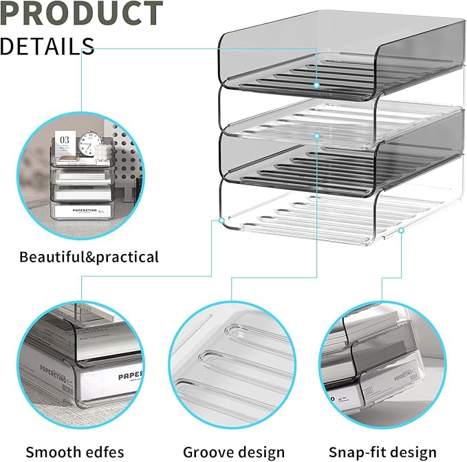 4-Tier Acrylic Paper Tray Organizer | Clear Stackable Desk Organizer for Documents, Letters, A4 Paper | Modern Office/Classroom/Home Organization,Clear&Brown
