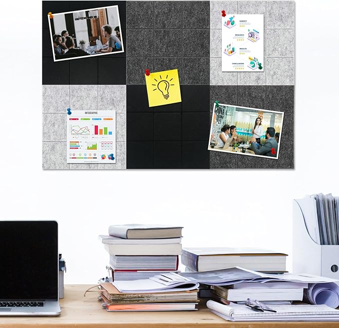 Large Square Felt Cork Board Tiles, Self Adhesive DIY Felt Bulletin Board with 35 Pushpins for Office School Home Wall Decor Stickers Memos (Black & Grey)