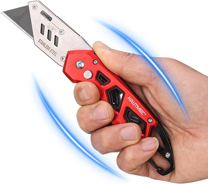 HAUTMEC Folding Utility Knife with 10-Pack SK2H Blades, Heavy-Duty Aluminum Alloy Box Cutter with Belt Clip, Carabiner, Quick-Change Blades & Safety Lock – HT0263