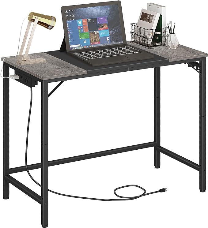 HOOBRO Computer Desk, Home Office Desk with Power Outlet, Modern Study Writing Desk with 3 Hooks for Study Room, Home Office, Sturdy and Stable, Easy to Assemble, Charcoal Gray and Black BC40UDN01