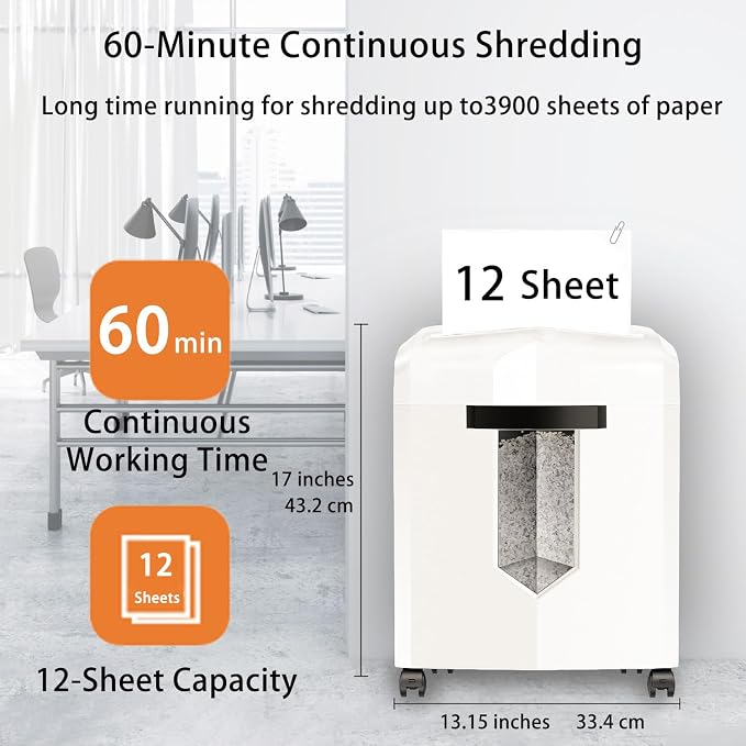 Bonsaii C266-B Micro Cut Shredder, Easy-Carry Handle, 12-Sheet, P-4 Security, 60 Min Continuous, CD/Credit Card, Jam-Proof, 4.2 Gal Bin, Ideal for Home Office Use, White/Gray