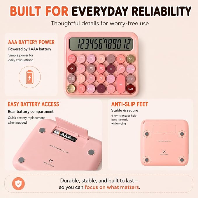 TRULY Mechanical Switch Calculator, Rose Pink Cute Retro 12-Digit Desktop Calculator with Satisfying Clicky Keys, Large Angled Display, Big Round Buttons for Office, School, Home & Gifting