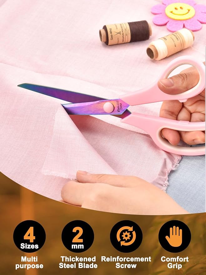 Craft Scissors Set of 4, Sharp Stainless Stee Blades Titanium Coating, Scissors All Purpose for Office School Home Fabric Sewing DIY Art Crafting Cutting, 9.5''/8.5''/6''/5.5'', Pink