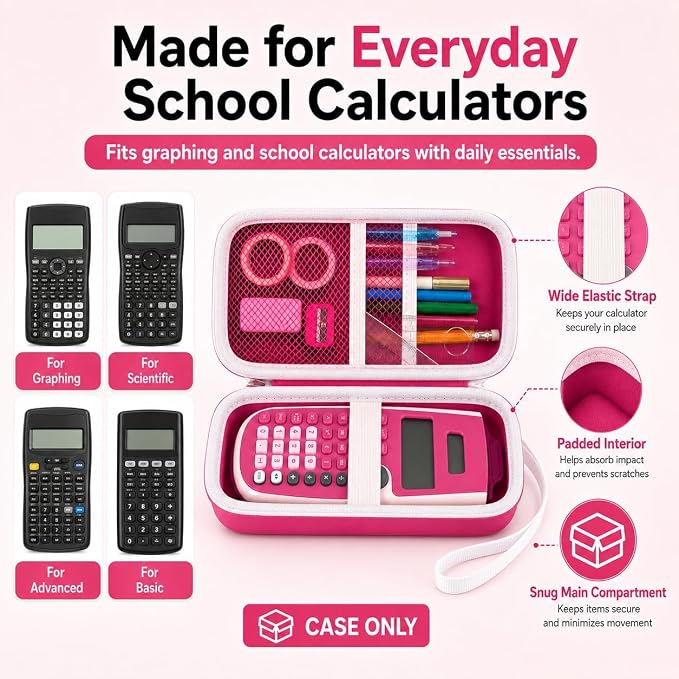 Pink Calculator Case for TI-30XS/TI-30XIIS/TI-30Xa/TI-36X Pro | Hard EVA Shell, Two-Layer Mesh Pockets, Elastic Holder, Wrist Strap, 7.48 x 3.23 x 1.18 in, School Exam Carry
