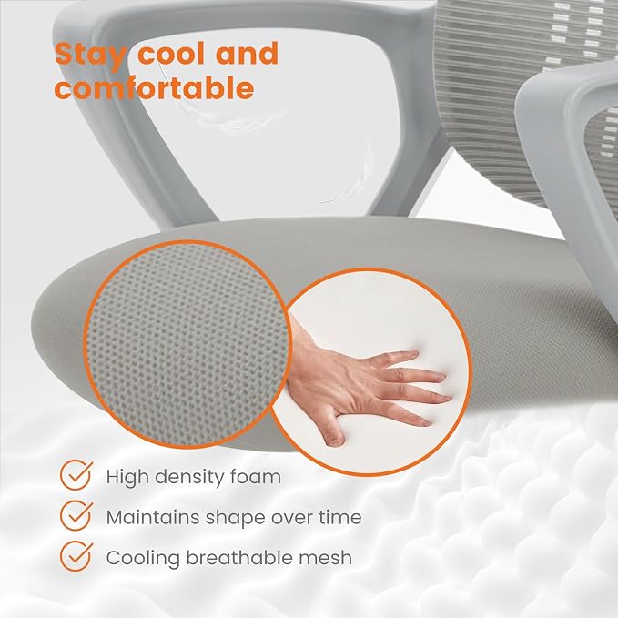 Sweetcrispy Executive Home Office Chair, Mesh Office Chair, Grey | Ergonomic Executive, Adjustable Height, 360° Swivel Wheels, Mid-Back, Comfy Arms, Bedroom, Study, Student
