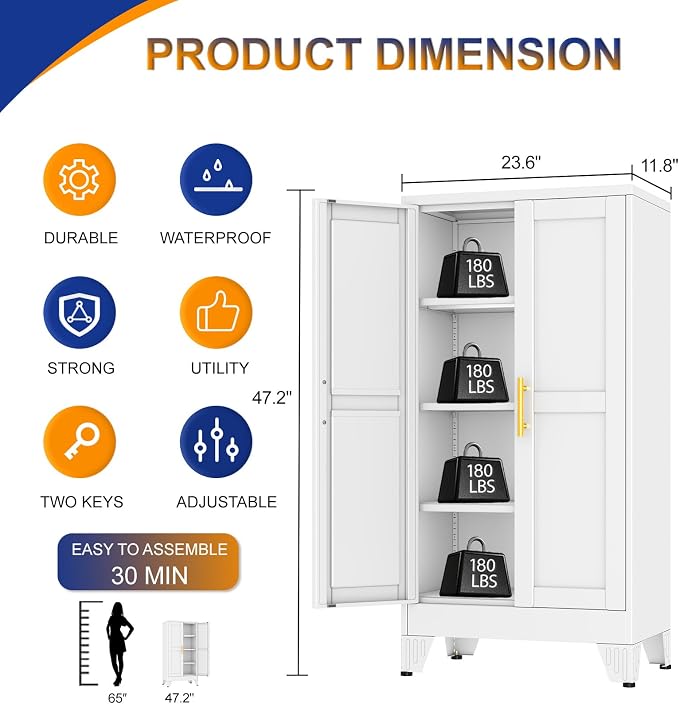 Metal Storage Cabinet with 2 Doors and 3 Adjustable Shelves - 47.2" Steel File Cabinet,Tool Cabinets for Office,Home,Garage,Gym,School,Bathroom,Kitchen(White)