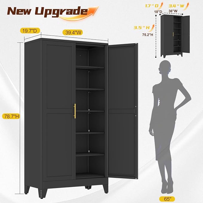 PAOFIN 79" Tall Black Kitchen Pantry Cabinet, Metal Storage Cabinet | with 2 Doors and 5 Adjustable Shelves, Steel Freestanding Wider Cupboard for Kitchen Dining Bathroom Bedroom(New Update)