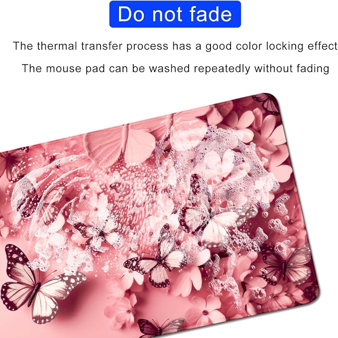 Pink Butterfly Mouse Pad Desk Mat Large Mouse Pads Desk Pad Computer pad | Stitched Edges Rubber Non-slip Girls Office Study Gaming XL Long Extended for Keyboard Laptop PC