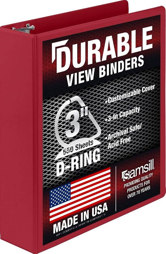 Samsill Durable 3 inch 3 Ring Binder, D Ring Binder, 100% Recycled Chipboard, Red