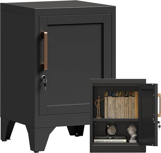 23.6"H Black Metal Locker Nightstand with 1 Lockable Door and 1 Adjustable Shelf, Small Storage Cabinet with Detachable Legs and Vintage Handle for Home Office,Living Room or Bedroom,Easy Assembly