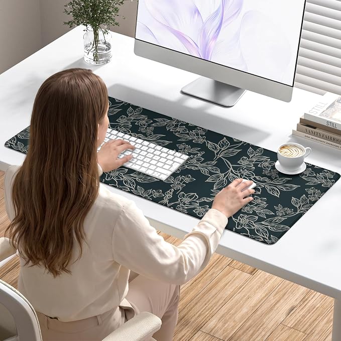 Desk Mat, Large Gaming Mouse Pad, 32" x 12", Retro Line Floral | Waterproof Desk Pad, Non-Slip Rubber Base, Desktop Mat with Stitched Edges, Desk Accessories for Office, Work, Home