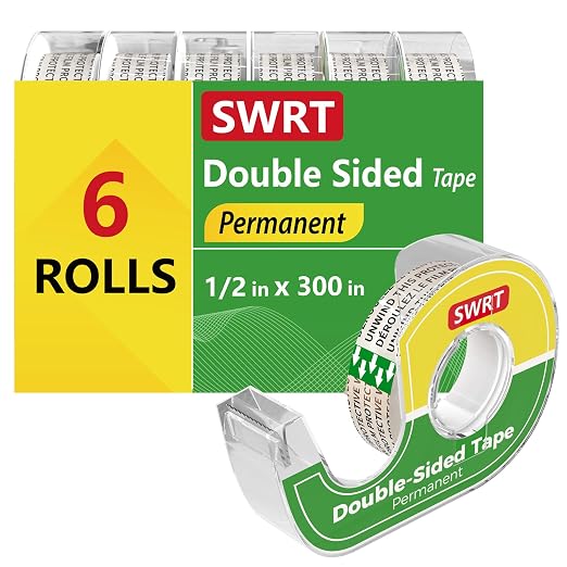 SWRT Double-Sided Tape for Crafts, 1/2 in x 300 in, 6 Pack with Dispensers | Mess-Free, Invisible Bond, Easy Cutting, Strong Hold for Crafts, Gift Wrapping, School & Office Projects