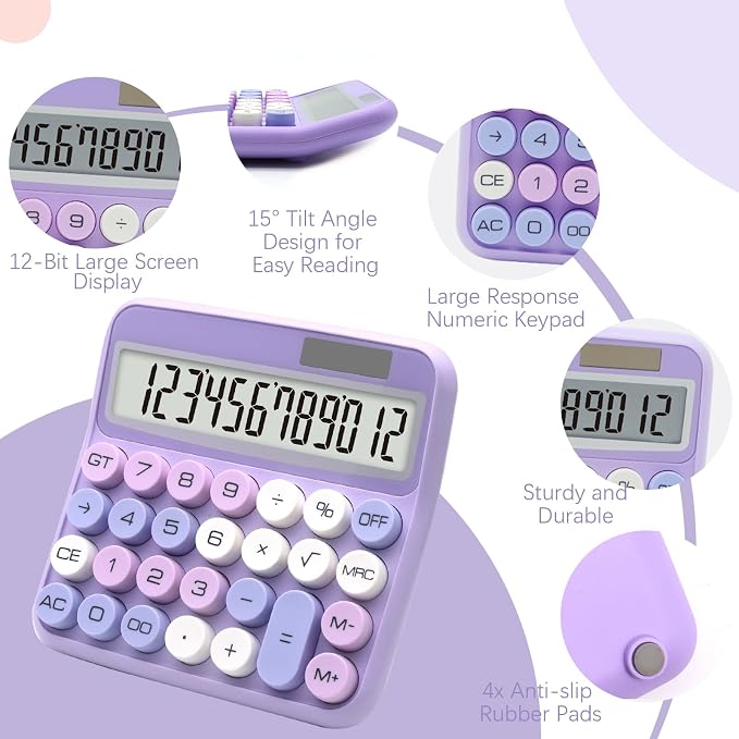 Purple Calculator for Desk, Large Button Calculator, Office Calculators | Big Calculator with Large LCD Display , Solar Calculator Powered by two Modes, Purple Desk Accessories for Women, Girls&Kids