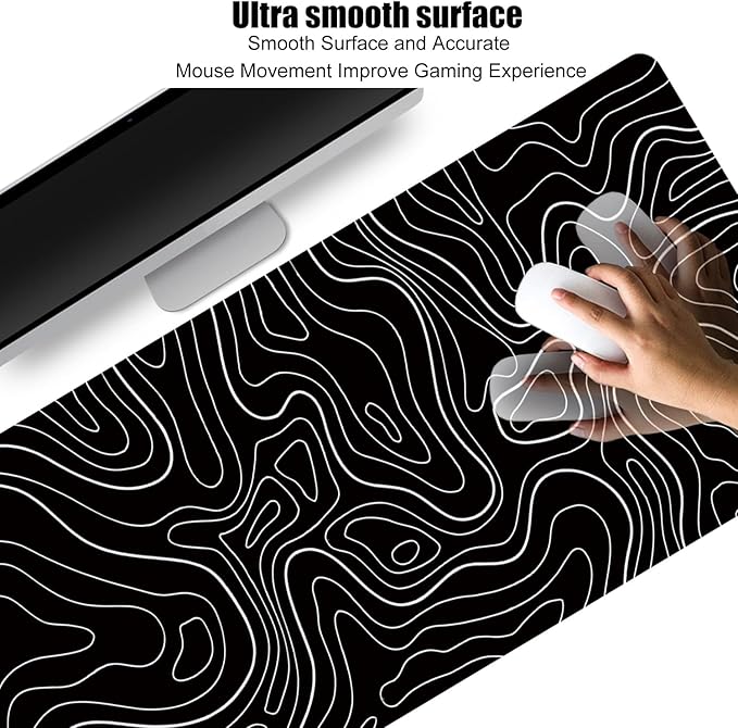 Black Topographic Large Gaming Mouse Pad Extended XXL(900 * 400 * 3MM) Mouse Mat Long Desk Pad with Stitched Edges for Keyboard Home Office Gaming Work Big Desk Mat